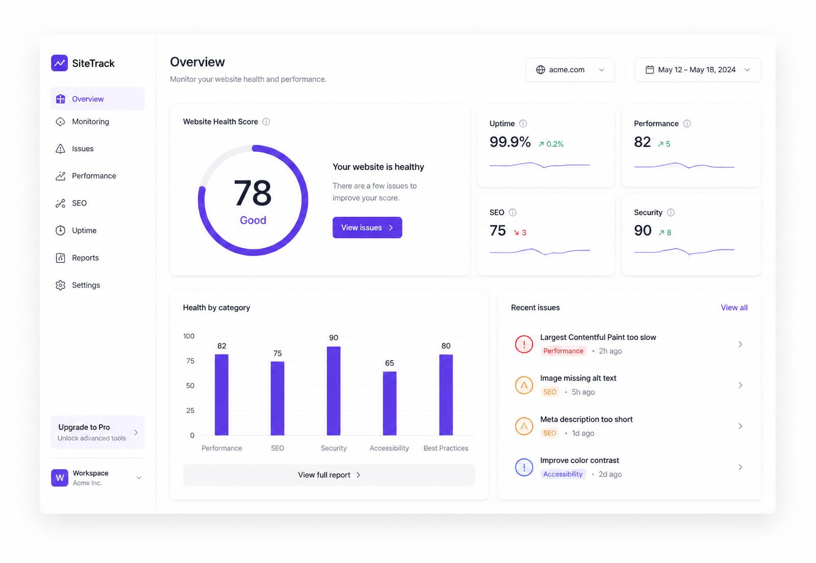 A-Squared Growth Hub dashboard showing a website health score of 78 with category breakdowns
